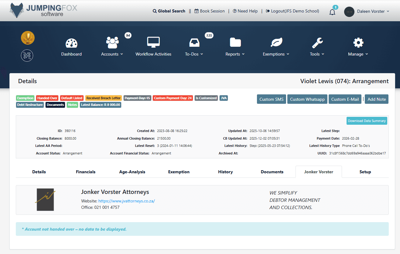 Jumping Fox platform showing the Jonker Vorster Attorneys integration tab with account details and handover status